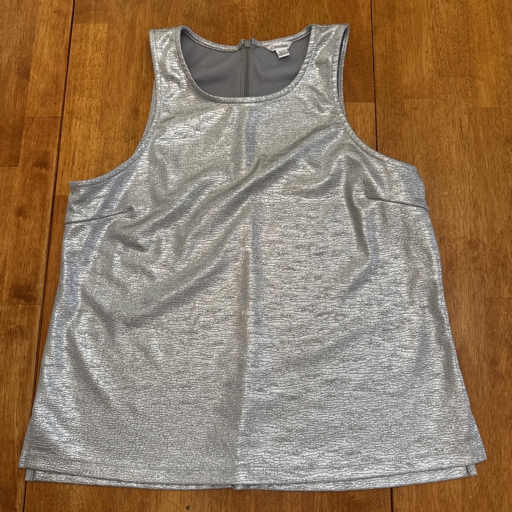 Calvin Klein Women Silver Metallic Tank Top Stretch Large Glitzy Hollywood